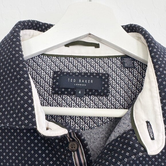 Ted Baker Men's Outof Micro Print Long Sleeve Polo Shirt Work Navy Blue 4 Large - Picture 7 of 9